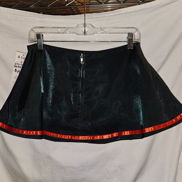 NWT S 10" GREEN SILK A-line MINI SKIRT with Red Trim - Picture 2 of 15